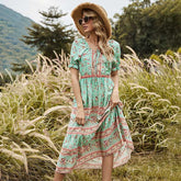 Round Neck Stitching Lace Long Skirt Printed Dress Sai Feel